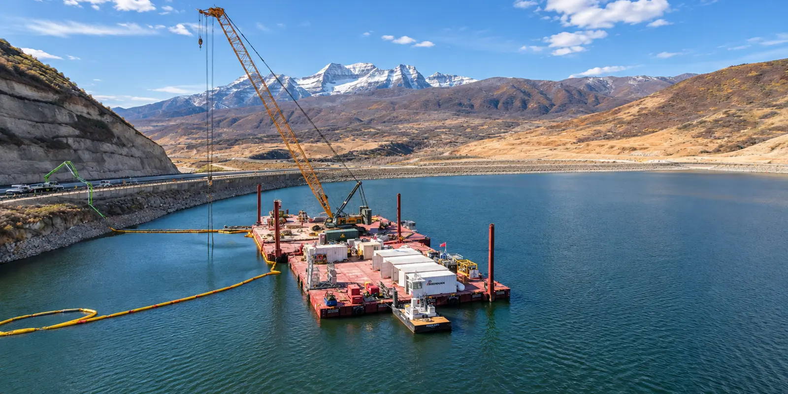A Brennan crew operates a crane barge with support equipment on a reservoir, with mountains in the background.